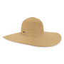 Light-brown wide-brim floppy hat, woven straw texture, subtle silver speck embellishments on brim, small metallic side tag, adjustable inner band.