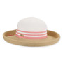 side view of beige woven upbrim hat with wide brim, rounded crown, lurex shimmer, Pink striped band, small metallic tag