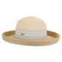 Front view of beige woven straw upbrim hat with wide brim, rounded crown, lurex shimmer, striped blue band, metal tag