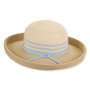 side view of beige woven straw upbrim hat with wide brim, rounded crown, lurex shimmer, striped blue band, metal tag