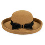 Woven straw sun hat with wide brim, black ribbon bow detail, textured weave, round crown
