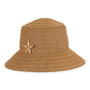 Front view brown woven bucket hat with wide brim, textured straw pattern, gold starfish embellishment, rounded crown, and structured beach style design