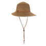 Textured brown straw sun hat, wide brim, leather band, chin strap, drawstring.