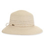 Front three-quarter studio view of Sun N Sand backless hat featuring cream open-weave texture, tan elastic cord and metal plaque