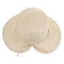 Front three-quarter studio view of Sun N Sand backless hat featuring cream open-weave texture, tan elastic cord and metal plaque