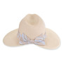 Three-quarter studio view of Sun N Sand HH3485 cream fedora-style sun hat with striped fabric band and bronze logo hardware.