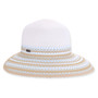 Three-quarter studio view of Sun N Sand HH3486 white sun hat featuring blue and tan geometric patterned brim and logo.