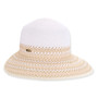 Three-quarter studio view of Sun N Sand HH3486 white crown sun hat featuring tan chevron textured brim and metallic logo.