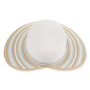Three-quarter studio view of Sun N Sand HH3486 white sun hat featuring blue and tan geometric patterned brim and logo.