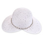 White wide-brimmed hat with woven texture, adorned with sparkly embellishments and a decorative chain band. rear view.