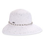 White woven sun hat with glitter speckles, featuring a silver chain band and metal logo