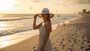 Lifestyle portrait of the Sun N Sand HH3509 Women’s Safari Hat in white woven straw, featuring a shimmering metallic lurex hatband and a wide, contrast-trimmed brim for an adjustable fit and UPF 50+ sun protection.