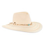 Three-quarter studio view of Sun N Sand HH3510 ivory safari hat featuring a seashell and turquoise beaded band with metallic hardware.