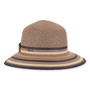Three-quarter studio view of Sun N Sand HH3562 brown backless hat featuring dark navy horizontal stripes and a metallic side logo.