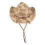Three-quarter profile view of a tan woven western hat featuring a monstera leaf print, pinched crown, and brown chin cord.