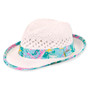 Three-quarter view of a white woven straw fedora featuring a perforated crown, curved brim, and colorful teal mermaid-patterned fabric band.