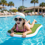 Lifestyle portrait of the Sun N Sand HK547 IG Kids’ Straw Fedora in a crisp white crochet-style weave, featuring a vibrant turquoise and pink tropical floral hatband and a ventilated open-weave crown for cool, shaded poolside comfort and sun-safe play.
