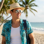 Lifestyle three-quarter view of the Sun N Sand HTT1289 men's straw fedora in Natural, featuring a slim navy blue contrast band and a classic pinched crown with a fine-weave texture for vibrant tropical style and sun protection while at the beach.