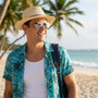 Lifestyle three-quarter view of the Sun N Sand HTT1289 men's straw fedora in Natural, featuring a slim navy blue contrast band and a classic pinched crown with a fine-weave texture for vibrant tropical style and sun protection while at the beach.