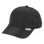 Black baseball cap, textured fabric, perforated side panels, curved brim, white logo tag, studio shot