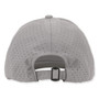 Gray perforated baseball cap with adjustable black buckle, back view. Focuses on texture, shape, and hardware