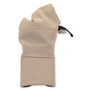 Beige fabric pouch with gathered top, black drawstring, flat reinforced base, soft texture.