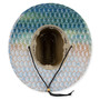 Top-down view of a woven straw hat with a textured, hexagonal pattern in blue, green, and tan, featuring a chin strap
