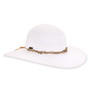 White woven wide-brimmed sun hat, textured crown, beaded band detail, side accent tag
