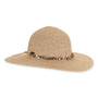Natural woven straw sun hat, rounded crown, wide brim, adorned with beaded shell band and leather tie.