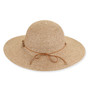 Wide-brimmed straw sun hat, textured weave, brown tie detail, rounded crown