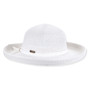 White woven sun hat with a textured weave, wide brim, and small metal logo detail