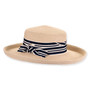 Woven straw sun hat with wide brim, navy and white striped ribbon band, bow detail.