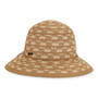 Front view beige and white woven bucket hat with wide brim, checkered straw texture, thin band, rounded crown, and small metallic tag.