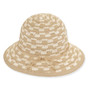 Beige and cream checkered crochet sun hat, wide brim, bow detail, classic cloche shape, soft texture