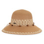Front view beige woven bucket hat with wide brim, crochet style texture, wooden bead band, rounded crown, and small metallic brand tag.