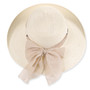 Cream woven wide-brim hat with decorative beige bow and subtle metal hardware detail.