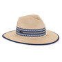 Three-quarter studio view of Sun N Sand HH3494 tan safari hat featuring navy embroidered chevron band and matching bound brim.