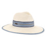 Three-quarter studio view of Sun N Sand HH3494 cream safari hat featuring a blue embroidered chevron band and metallic hardware.
