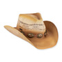 Three-quarter studio view of Sun N Sand tan western hat featuring dark ombre edges, metallic concho band, and cattleman crown.