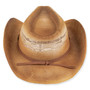 Three-quarter studio view of Sun N Sand tan western hat featuring dark ombre edges, metallic concho band, and cattleman crown.