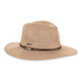 Three-quarter studio view of Sun N Sand HH3565 tan woven safari hat featuring a brown leather band and brass buckle.