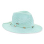 Three-quarter studio view of Sun N Sand HH3566 aqua woven safari hat featuring an eyelet crown and puka shell cord band.