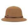 Tan woven cloche hat with rounded crown, flared brim, thin brown leather band and metal tag shown in clear front angled view.