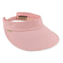 Three-quarter front view of a pink canvas sun visor featuring an open-top crown, internal zipper track, and multi-row stitched brim.