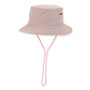Light pink bucket hat with wide brim, pink white adjustable chin strap, side zip pocket detail, shown in clean front angled product view.