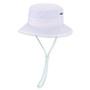 White structured bucket hat with wide ventilated brim, blue adjustable chin strap, small side logo tag, shown in clear front angled view.