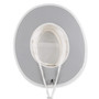 White wide brim safari hat with structured crown, mesh ventilation band, adjustable chin strap toggle, shown in clear front angled product view.