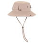 Beige textured bucket hat with structured brim, adjustable chin strap, and subtle metallic hardware accents. Front view.