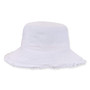 White bucket hat with wide frayed edge brim, flat crown, soft textured fabric, minimal detailing, shown in clear front angled product view