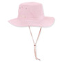Light pink bucket hat with wide brim, metal ventilation eyelets, stitched crown band, adjustable chin strap ring, shown in clear front angled view.